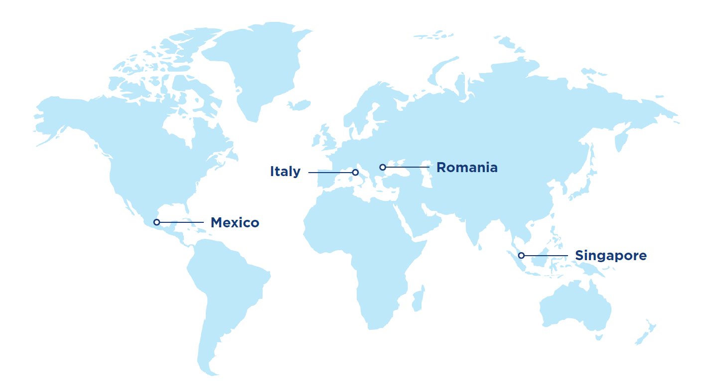World map with blue markers and labels pointing to Mexico, Italy, Romania, and Singapore.